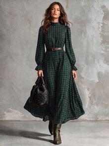 Solivie Women's Autumn Green Plaid Dress Long Sleeve - Green - View 8