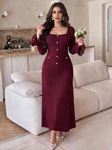 Feyla Plus Size Women's Lace Patchwork Elegant Waist-Cinching Party Dress - Burgundy - View 1