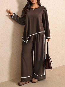 Elaquor Plus Size Women's Colorblock Long Sleeve Top And Pants Casual Daily 2 Pieces Set - Coffee Brown - View 6