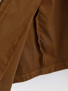 Linhara Plus Size Women's Spring/Autumn Solid Color Contrast Hooded Open Front Zipper Dual Pocket Loose Mid-Length Casual Commute Daily Long Sleeve Windbreaker Jacket - Khaki - View 7