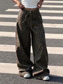 SHEIN EZwear 女款棉質寬鬆牛奶圖案插口袋寬腿休閒牛仔褲，西方女性，外出穿搭，復古，街頭風 - 彩色 - 查看 6