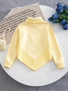 SHEIN Vintaside Kids 女童針織毛衣套裝，休閒時尚可愛嫩黃色，花朵與蝴蝶結裝飾，尖擺設計，高領，柔軟，日常穿搭，秋季 - 黃色 - 查看 2