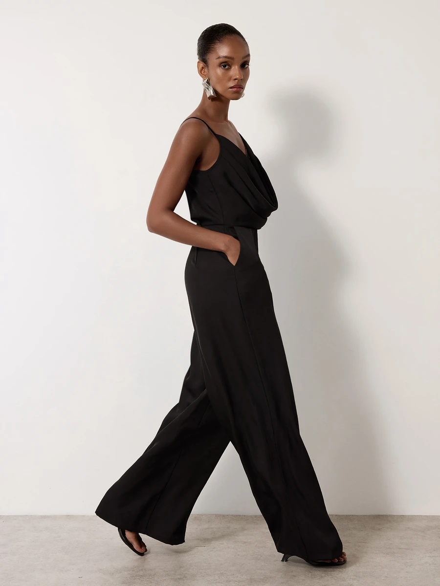 MERLEAU Women's Modern Black Cowl Neck Contrast Lace Jumpsuit - Black - View 1