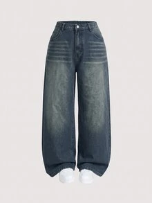 SHEIN MOD 大尺碼女款寬腿鬆垮休閒百搭牛仔褲，附口袋 - 中等水洗藍 - 查看 1