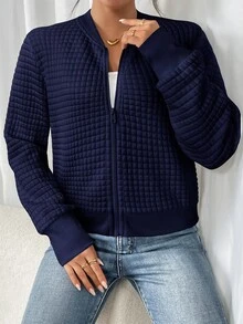 SHEIN Frenchy 女款純色長袖拉鍊領休閒棒球夾克，適合秋冬/春季 - 藏蓝色 - 查看 3