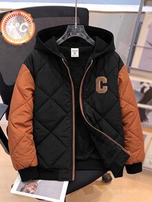 SHEIN 兒童青少年男孩休閒學院風拼接撞色連帽派克大衣，梭織，適合學校、花園、海灘、生日，秋季、春季、夏季、冬季，黑色、棕色，秋冬服飾，適合外出穿搭 - 黑色 - 查看 1