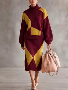 Omancia Women's Contrast Color Lantern Sleeve Top And Skirt Casual Knit Two Pieces Set - Multicolor - View 4