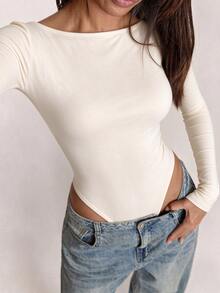 SHEIN BAE 女款秋冬純色性感露背長袖緊身連身衣 - 杏色 - 查看 4