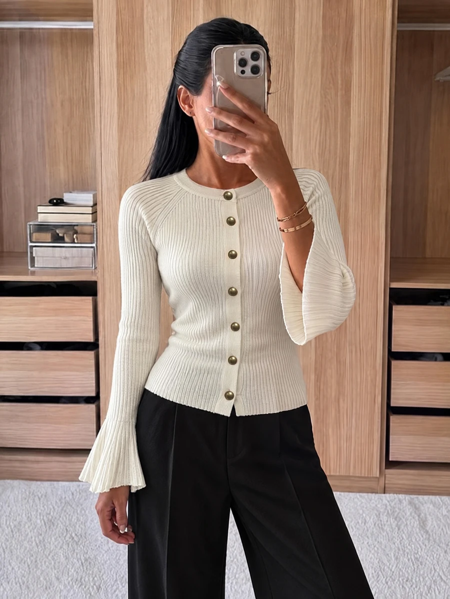 Modelyn Women's Flared Sleeve Button-Up Fitted Long Sleeve White Cardigan, Autumn/Winter - White - View 1