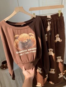 Comfortcana Women's Letter Cartoon Bear Print Sweatshirt And Waist Tie Long Pants Set - Brown - View 4