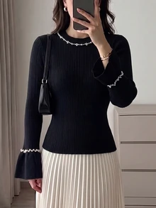 Modelyn Women's Black Beaded Slim Fit Autumn/Winter Sweater - Black - View 3