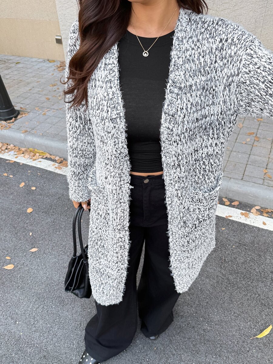 Easura Plus Size Mixed Yarn Fuzzy Pocket Design Cardigan Long Sleeve Knit Sweater Comfortable Casual - Multicolor - View 1