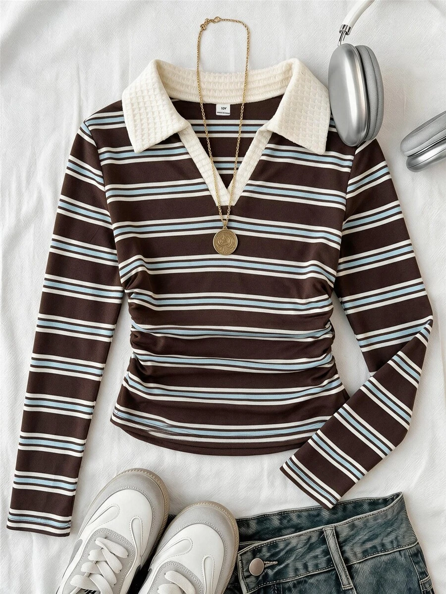 SHEIN Tween Girls Tween Girl Tween Girl Autumn Coffee Striped Lace Trim Patchwork Long Sleeve T-Shirt Casual Daily Holiday - Coffee Brown - View 1