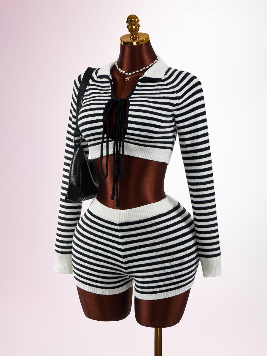 Mistrie Women's Tie-Front Cropped Long Sleeve Sweater And Striped Knit Shorts 2 Pieces Set - Multicolor - View 1