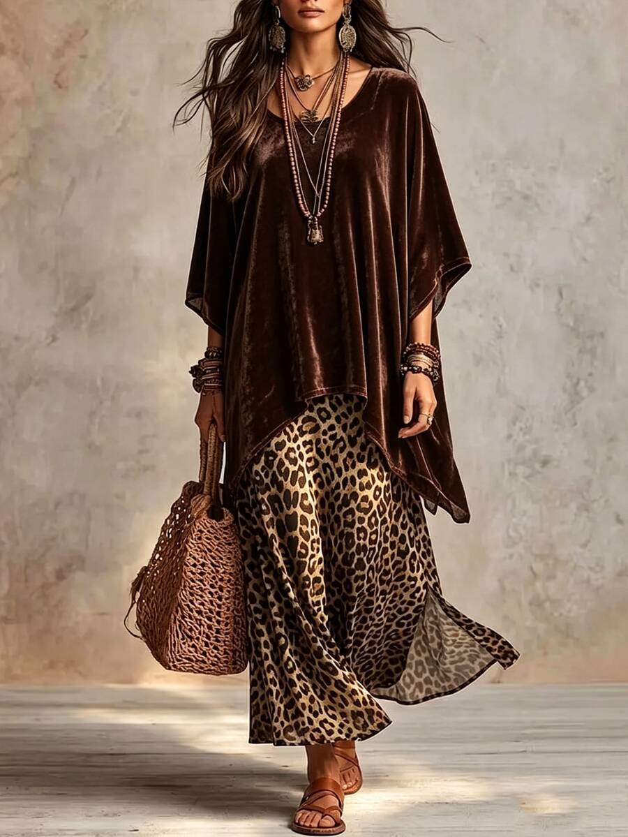 Omancia Women's New Autumn/Winter Velvet Leopard Print 2 Pieces Set - Coffee Brown - View 1