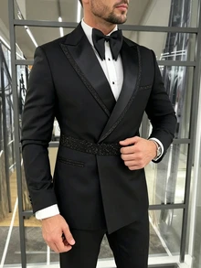 Manfinity AFTRDRK 男士奢華派對水鑽腰部雙扣西裝外套與長褲套裝，完美的節日禮物選擇 - 黑色 - 查看 3