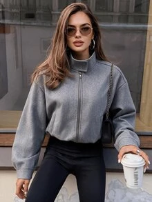 Struktiv Women's Autumn/Winter Wool Blend Stand Collar Zipper Jacket With Pockets, Loose Drop Shoulder Short Flight Jacket - Grey - View 1
