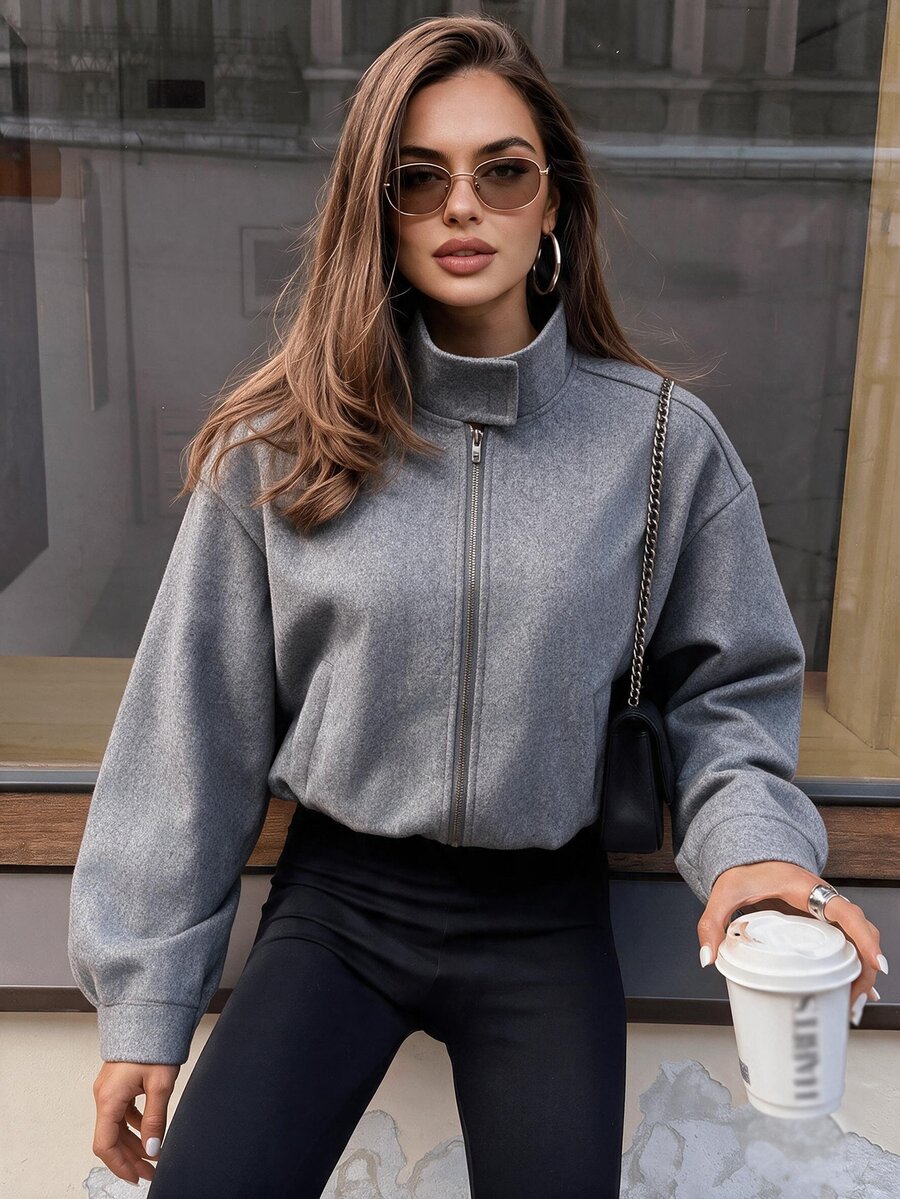 Struktiv Women's Autumn/Winter Wool Blend Stand Collar Zipper Jacket With Pockets, Loose Drop Shoulder Short Flight Jacket - Grey - View 1