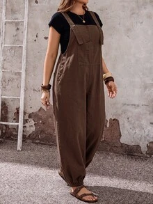 EMERY ROSE EMERY ROSE Plus Size Women's Wide Leg Loose Casual Denim Overalls - Brown - View 3
