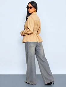 SOLERSUN Women's Solid Color Pleated Waist Knot Casual Versatile Trench Coat Jacket - Khaki - View 2