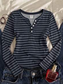 Tween Girl Versatile Striped Button Half-Placket Long Sleeve T-Shirt, Suitable For Daily Wear And School - White - View 1