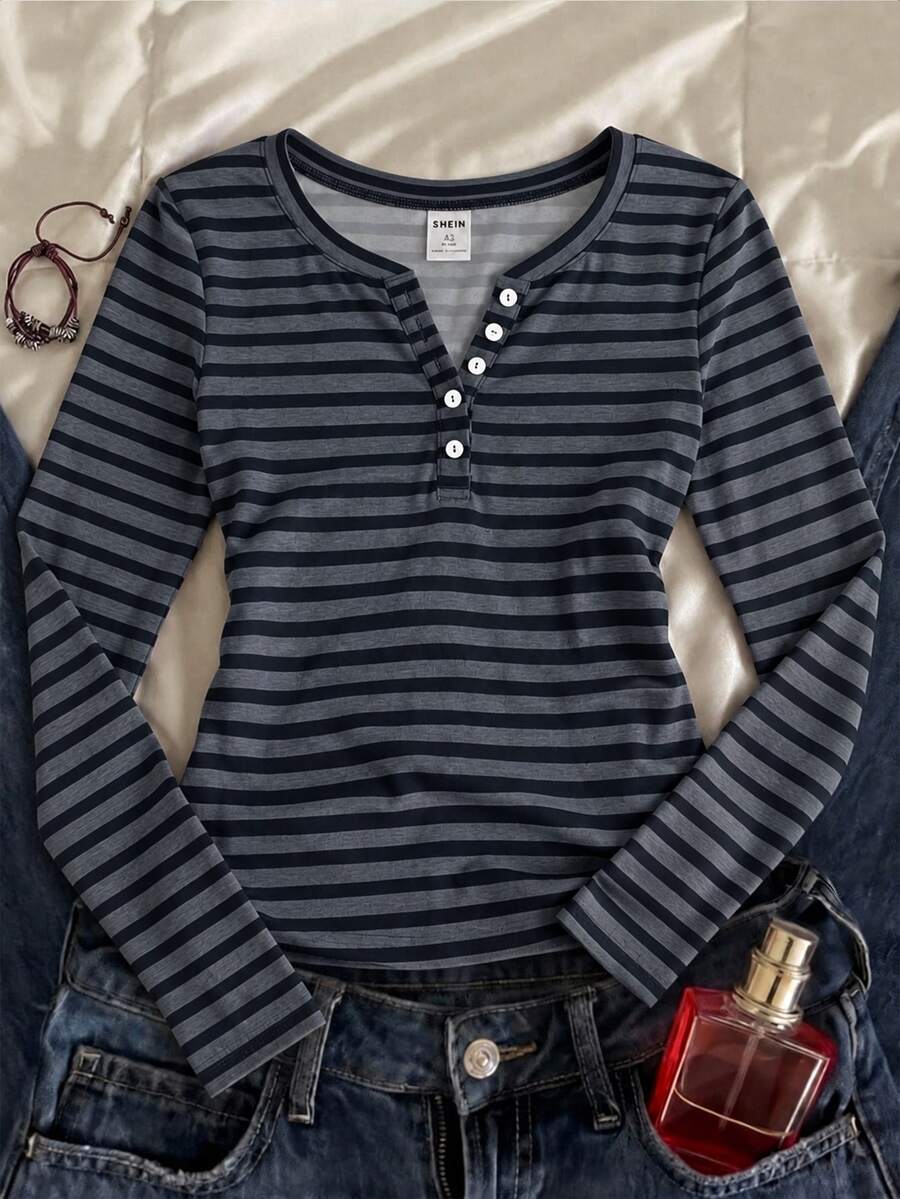Tween Girl Versatile Striped Button Half-Placket Long Sleeve T-Shirt, Suitable For Daily Wear And School - White - View 1