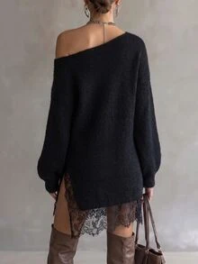 LUMIGAL Women's Fall Black Fuzzy Sweater Dress, Cold Shoulder Loose Long Sleeve Lace Hem Pullover, Suitable For Dating, Street Style Sexy Night Out Date Night - Black - View 2