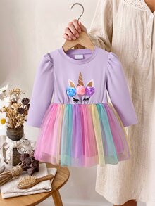 SHEIN Glamorique Kids 女嬰 3D 花朵獨角獸長袖洋裝，薰衣草花瓣袖彩虹薄紗公主芭蕾舞裙，秋季生日可愛女寶寶 - 粉色 - 查看 4