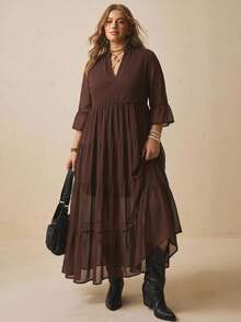 SHEIN VCAY Plus Size Women's Solid Color Notch V-Neck Bell Sleeve Elegant Dress - Coffee Brown - View 1
