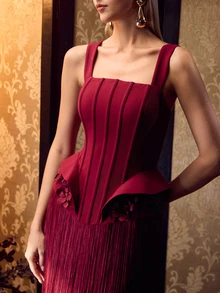 MOTF Soiréza ELEGANT STRAPS SLEEVELESS MAXI GOWN WITH FRINGE HEM FOR FORMAL PARTIES, WEDDINGS, GALAS - Burgundy - View 2