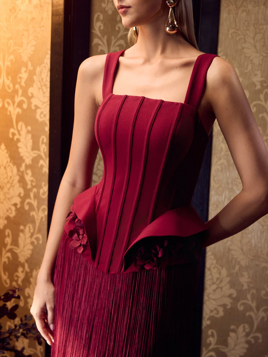 MOTF Soiréza ELEGANT STRAPS SLEEVELESS MAXI GOWN WITH FRINGE HEM FOR FORMAL PARTIES, WEDDINGS, GALAS - Burgundy - View 2