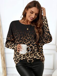 EMERY ROSE Casual Minimalist Vintage Classic Gradient Leopard Print Long Sleeve Women's T-Shirt - Elegant Spring & Autumn/Winter Blouse For Work, Formal Occasion - Multicolor - View 5