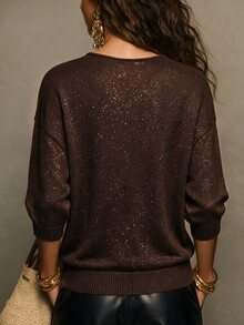 SHEIN 新款春夏秋冬女款時尚休閒 Lurex 針織斜裁 V 領上衣，落肩七分袖收口，聖誕之夜深棕色 - 咖啡棕 - 查看 2