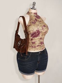 SHEIN ICON 大尺碼 Y2K 夏季外出波西米亞西式鄉村音樂會女款性感露背花卉印花掛脖上衣 - 卡其色 - 查看 6