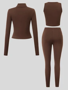 SHEIN 少女粉 3 件套秋季套裝，立領夾克 + 吊帶背心 + 緊身褲，完整日常穿搭，修身不緊繃 - 棕色 - 查看 2
