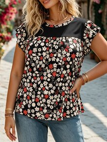Ceyna 大尺碼女款法式休閒 Soft Form 柔美優雅印花荷葉袖圓領 T-shirt，藍白配色，適合夏季度假 - 黑色 - 查看 3
