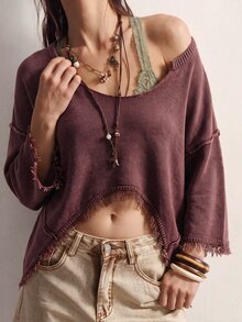 Bohemela 女款素色休閒百搭日常穿著長袖針織衫 - 紫色 - 查看 9