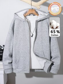 SHEIN 青少年男孩新款休閒時尚極簡基礎款運動灰色拉鍊連帽衛衣，適合秋冬、學校、家庭聚會、返校、生日派對、拍照、度假、假日，舒適運動風 - 灰色 - 查看 1