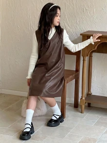 Dazy Kids Tween Girl Solid Color Casual Daily Wear Dress - Brown - View 5