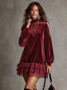 Solivie Women's Autumn Sweatshirt Top Red Velvet Sweatshirt With Contrast Lace - Burgundy - View 4