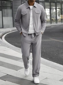 Manfinity CasualCool Setelan Pria American Vintage Bertekstur 2 Potong, Jaket Berkerah Kancing dan Celana Panjang Lurus Longgar Kasual untuk Pria Dewasa - Grey - View 1