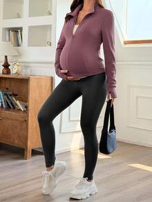 Dazy Maternity جاكيت أمومة كاجوال رياضي يومي بياقة واقفة وسحاب كامل وتصميم ضيق وأكمام طويلة لفصلي الربيع والخريف - الأرجواني - مشاهدة 4