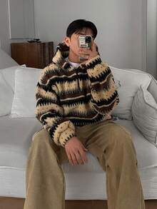 DAZY Autumn/Winter Teddy Fleece Vintage Striped Zip-Up Half-Open Hooded Sweatshirt For Men, Korean Style Hoodies - Multicolor - View 11