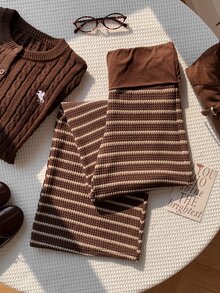 Comfortcana Large Flanged Waist With Patchwork Texture Striped Flared Pants, Suitable For Casual Wear - Brown - View 4
