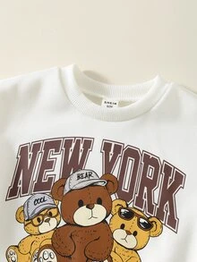 SHEIN 2件組嬰兒男童女童卡通熊圖案與條紋運動長褲秋冬套裝 - 彩色 - 查看 4