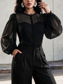 Eryvara Women's Fashion Round Neck Beaded Lace Placket Lantern Sleeve Casual Top, Suitable For Daily Commute And Date Outfits - Black - View 7
