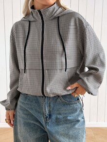 SHEIN EZwear Plus Size Plaid Zipper Long Sleeve Hooded Jacket - Multicolor - View 4