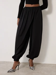MERLEAU Women's Modern Casual Folded Panel Design Balloon Pants Pilates Plain Black Fall - Black - View 4