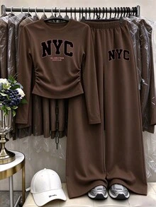 (1 Set) Tween Girls Fall Outfits NYC Letter Print Ruched Waist Long Sleeve Tops & Wide Leg Pants, Casual Fall Clothes - Multicolor - View 4