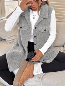SHEIN EZwear 女款大腿長棕色法蘭絨泰迪外套，領口設計，寬鬆版型，適合秋冬穿著 - 淺灰色 - 查看 5